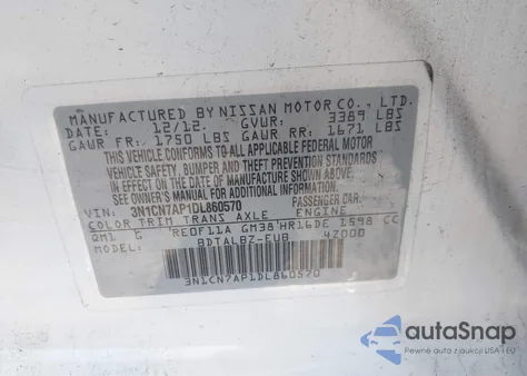 2013 Nissan Versa 1.6 Sv z USA, uszkodzony, nr VIN 3N1CN7AP1DL860570